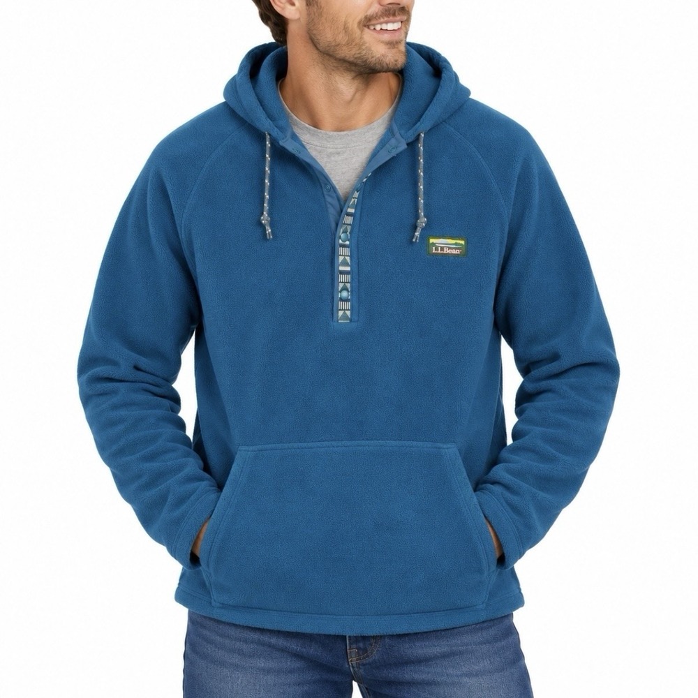 LL Bean Blue Aztec Mountain Classic 1/4 Snap Fleece Hoodie Pockets LARGE